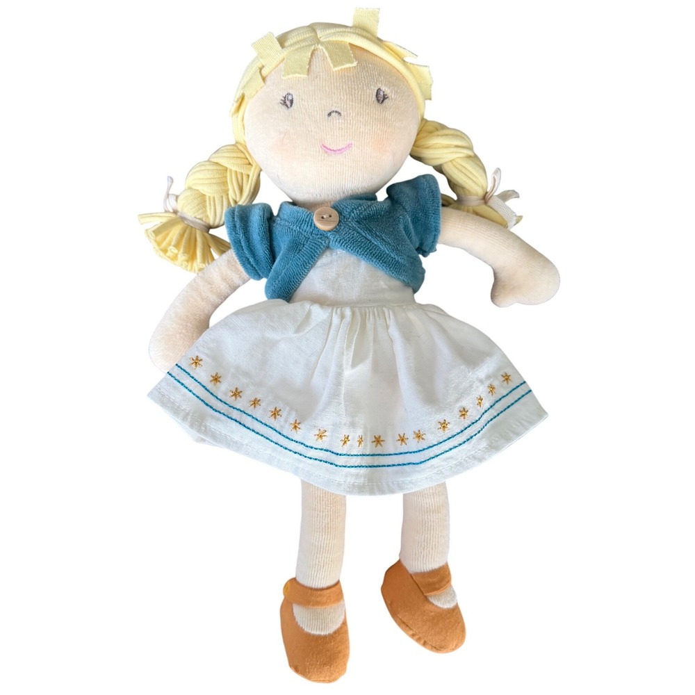 Bonikka Soft Fabric Rag Doll Blonde Pigtails Teal Shrug Star Blue Eyes Linen